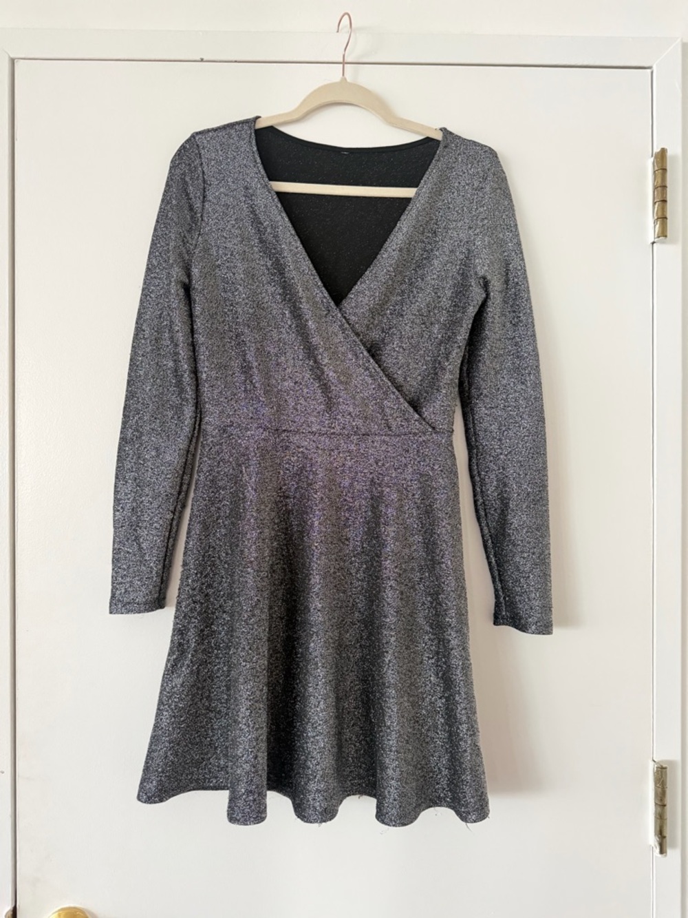 Sparkle Wrap-Front Long Sleeve Dress - Silver